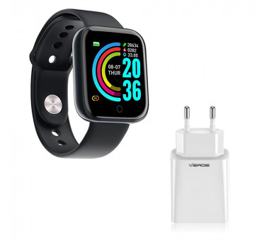 Kit 1 Relógio Smartwatch D20 Preto Esportivo Android iOS + 1 Base de Carregador