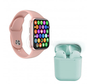 Kit SmartWatch Relógio Digital W34 Rosa + Inpods 12 Azul Sem Fio Presente Dia Dos Namorados