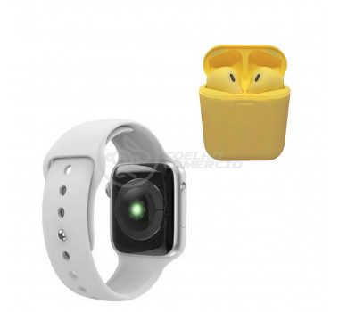 Kit SmartWatch Relógio Digital W34 Branco + Inpods 12 Amarelo Sem Fio Presente Dia Dos Namorados