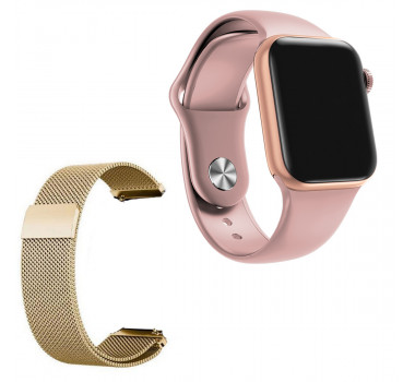 Relógio Smartwatch IWO 7 Watch 5 Rosa Android iOS + 1 Pulseira Extra de Aço Dourado