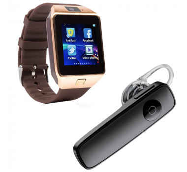 Kit 1 Relógio SmartWatch DZ09 Dourado + 1 Fone De Ouvido Sem Fio Bluetooth Headset Preto