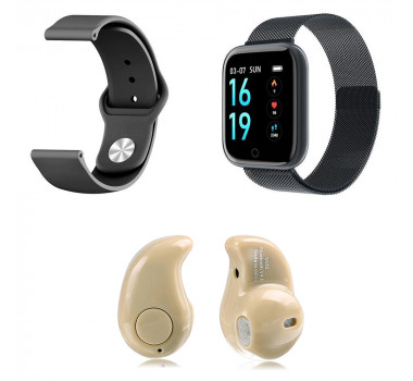 Kit 1 Relógio Smartwatch P70 Preto Android iOS + 1 Pulseira Extra + 1 Mini Fone Bluetooth Marfim