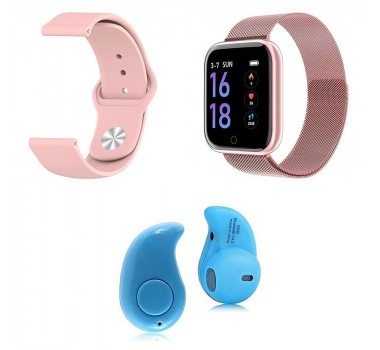 Kit 1 Relógio Smartwatch P70 Rosa Android iOS + 1 Pulseira Extra + 1 Mini Fone Bluetooth Azul