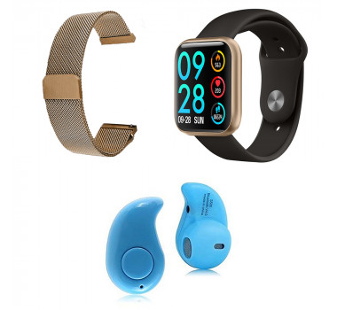 Kit 1 Relógio Smartwatch P80 Dourado Android iOS + 1 Pulseira Extra + 1 Mini Fone Bluetooth Azul