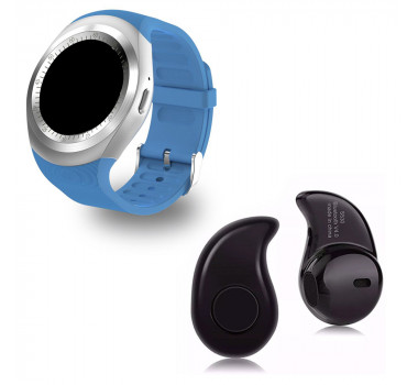 Kit 1 Relógio SmartWatch Y1 Azul + 1 Mini Fone Bluetooh Preto