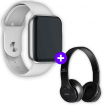 Kit SmartWatch IWO 9 44mm Android e IOS Branco + Headphone Sem Fio Bluetooth Dobrável P47 Preto