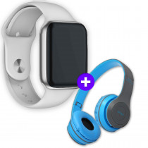 Kit SmartWatch IWO 9 44mm Android e IOS Branco + Headphone Sem Fio Bluetooth Dobrável P47 Azul