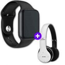 Kit Smartwatch Iwo 8 Preto Relógio Inteligente 44mm Serie 4 + Headphone Sem Fio Bluetooth P47 Branco