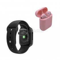 Kit SmartWatch Relógio Digital W34 Preto + Inpods 12 Rosa Sem Fio Presente Dia Dos Namorados