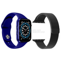 Kit 1 Relógio Inteligente SmartWatch W46 S Azul Android iOS + 1 Pulseira Extra Aço Milanese Preto