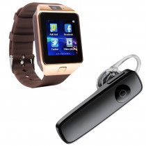 Kit 1 Relógio SmartWatch DZ09 Dourado + 1 Fone De Ouvido Sem Fio Bluetooth Headset Preto