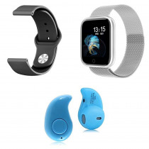 Kit 1 Relógio Smartwatch P70 Prata Android iOS + 1 Pulseira Extra + 1 Mini Fone Bluetooth Azul