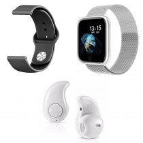 Kit 1 Relógio Smartwatch P70 Prata Android iOS + 1 Pulseira Extra + 1 Mini Fone Bluetooth Branco
