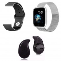 Kit 1 Relógio Smartwatch P70 Prata Android iOS + 1 Pulseira Extra + 1 Mini Fone Bluetooth Preto
