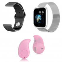 Kit 1 Relógio Smartwatch P70 Prata Android iOS + 1 Pulseira Extra + 1 Mini Fone Bluetooth Rosa