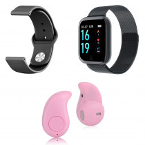 Kit 1 Relógio Smartwatch P70 Preto Android iOS + 1 Pulseira Extra + 1 Mini Fone Bluetooth Rosa