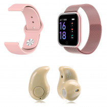 Kit 1 Relógio Smartwatch P70 Rosa Android iOS + 1 Pulseira Extra + 1 Mini Fone Bluetooth Marfim